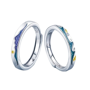 Starry sky and ocean wave enamel couple rings in adjustable S925 silver with gold stars