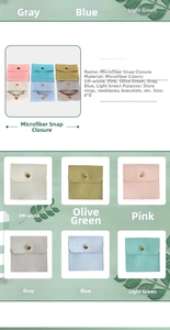 Detailed size chart and multi-color 8x8cm microfiber jewelry pouches with snap buttons