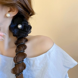 Sweet black flower hair tie and telephone wire hair band set, stylish daily hair accessories for women.