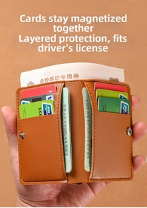 Close-up of brown leather card wallet showing multi-slot design for cards and ID