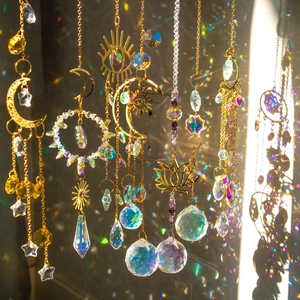 K9 Crystal lotus and moon suncatcher with metal hanging ornaments for rainbow light