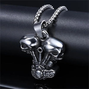 Punk rocker V-twin engine and twin skull pendant necklace with Legend engraving