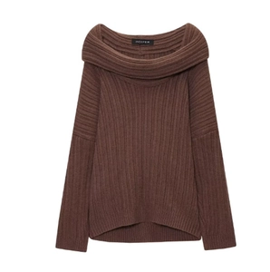 Brown off-shoulder knit sweater with ribbed texture and wide lapel collar style