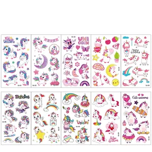 Collection of 10 waterproof unicorn cartoon tattoo stickers featuring rainbows and hearts