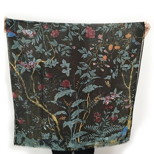 Lightweight satin scarf featuring vintage dark floral and bird prints for women