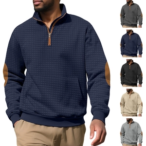 Men Quarter Zip Sweatshirt Waffle Knit Pullover Stand Collar Contrast Elbow Patches Casual Long Sleeve