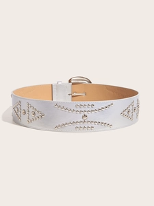 Detail of silver faux leather wide belt featuring metallic studs and metal buckle closure