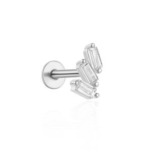 Detail of s925 silver flat back earring with three tiered rectangular crystal stones