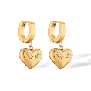 Gold-plated heart drop earrings with star and rectangular zircon inlay on white background