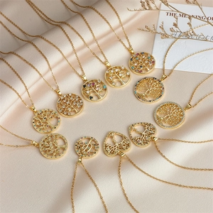 Tree Of Life Pendant Necklace Copper Gold Plated Stainless Steel Chain Colorful Zircon Heart Round Hollow Bohemian Women
