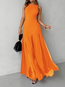 Elegant bright orange sleeveless maxi dress with a flowy layered slit hem and high neckline
