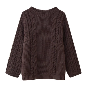 Dark brown chunky cable knit sweater with long sleeves and classic crew neck