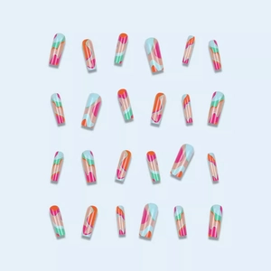 Colorful striped press-on nails with 24 abstract fluid lines in vibrant dopamine colors