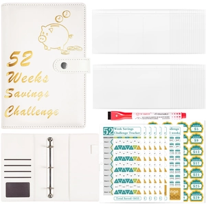 Savings Challenge Binder 52 Weeks Budget Book PU Leather With Zipper Envelopes Tracker Cards Erasable Pen For Cash Saving