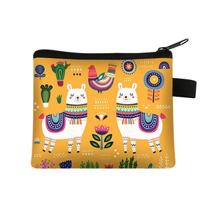 Cartoon alpaca printed yellow polyester coin purse for kids with zipper closure