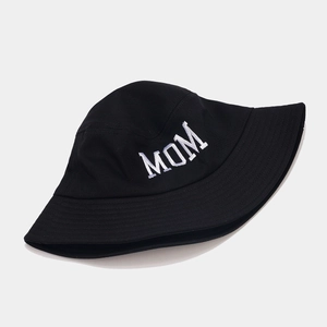 Classic black bucket hat featuring white MOM embroidery on the front for summer sun protection