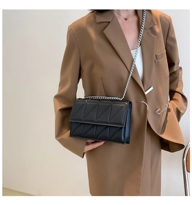Close-up of black quilted shoulder bag with silver chain strap on brown blazer coat