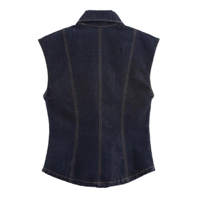 Women's dark blue denim sleeveless vest and pants set shown from the back view