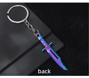 Macro view of rainbow electroplated metal tactical knife keychain showing back detail