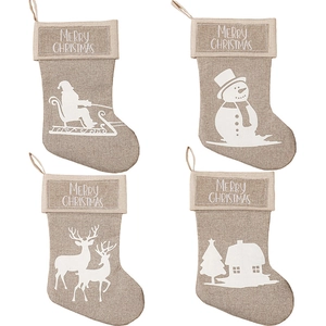 Linen Christmas stockings with white Santa and reindeer silhouette patterns set of 4