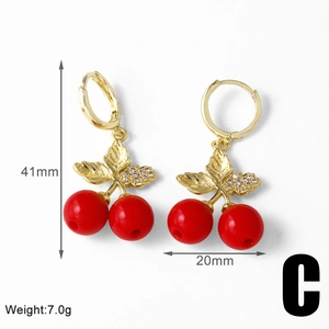 Detail showing red cherry earrings dimensions: 41mm height and 20mm width with gold plating
