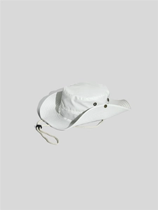 Close-up of white outdoor boonie hat featuring metal eyelets and adjustable chin strap