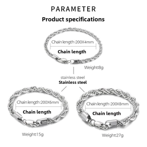 Paramètres détaillés pour les bracelets en maille corde de 4mm, 6mm et 8mm en acier