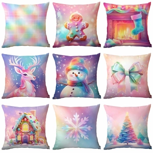 Housse De Coussin De Noël Velours Court Bonhomme De Neige Pain D Épice Imprimé Arc-en-ciel Salon Décoration
