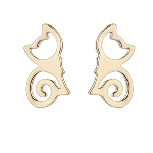 Minimalist gold cat stud earrings with sleek metal outline on white background