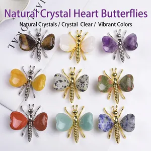 Natural Crystal Butterfly Figurine Heart Shaped Gemstone Animal Ornament For Desktop Decor Healing Stone Amethyst Metal