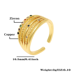 Detail showing 18K gold plated multi-layer ring with colorful zircon and 10.5mm width