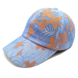Breathable lace baseball cap with orange floral embroidery and curved brim in light blue