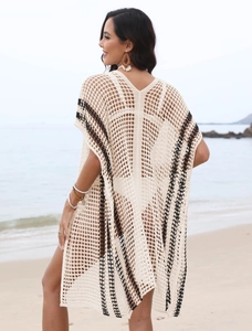 Women's beige crochet beach cover-up with black stripes and hollow knit texture