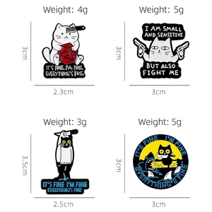 Set of four cartoon cat enamel pins made of zinc alloy with humorous English slogans