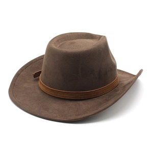 Detailed view of dark brown faux suede cowboy hat with buckled trim and wide brim