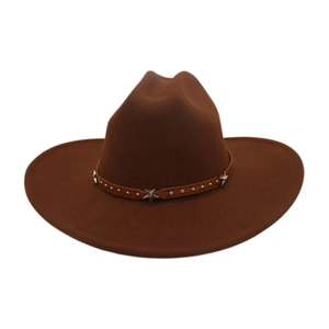 Detail of brown felt cowboy hat featuring leather band with silver stars and metal studs