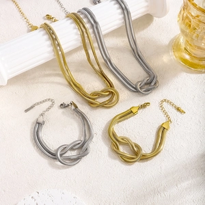 Knot Design Double Layer Snake Bone Chain Necklace And Bracelet Stainless Steel Minimalist Fashion Jewelry Unisex