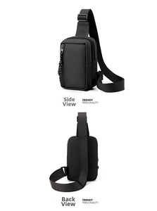 Detailed side and back view of a minimalist black water-resistant men's chest bag