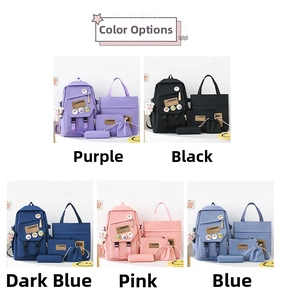 Detail view of nylon 5-piece backpack set including tote and pencil case in five colors