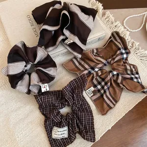 Set of 4 vintage brown striped and checkered hair scrunchies with elegant bow details