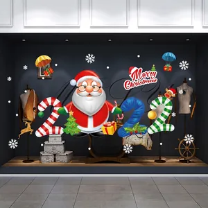 Christmas window stickers featuring Santa Claus and colorful Xmas tree decorations