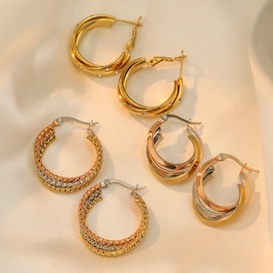 Hoop Earrings Titanium Steel 18K Gold Plated Retro Twisted Woven Multi Layer Cross Textured Style For Women