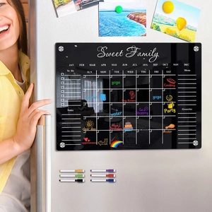 Macro view of magnetic acrylic weekly planner on fridge with colorful marker notes