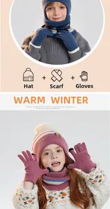 Three-piece winter knit set for kids with warm pompom hat, scarf and touchscreen gloves