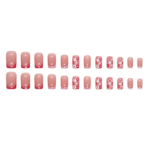 Pink French press-on nails with red tips and floral patterns, 24-piece square set