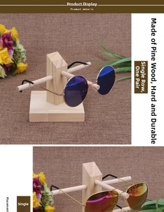 Close-up of natural pine wood sunglass display stand for single pair exhibition