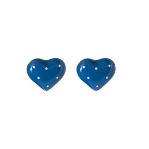 Minimalist blue heart-shaped stud earrings with white polka dots for women
