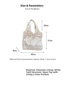 Detailed dimension guide for pink floral tote bag with 40x31x8cm size and handle specs
