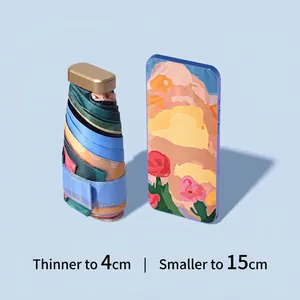 Mini folding sun umbrella with colorful oil painting print and 15cm compact capsule size