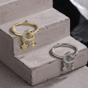 Sparkling S925 sterling silver moon and star open ring with dangling star charms